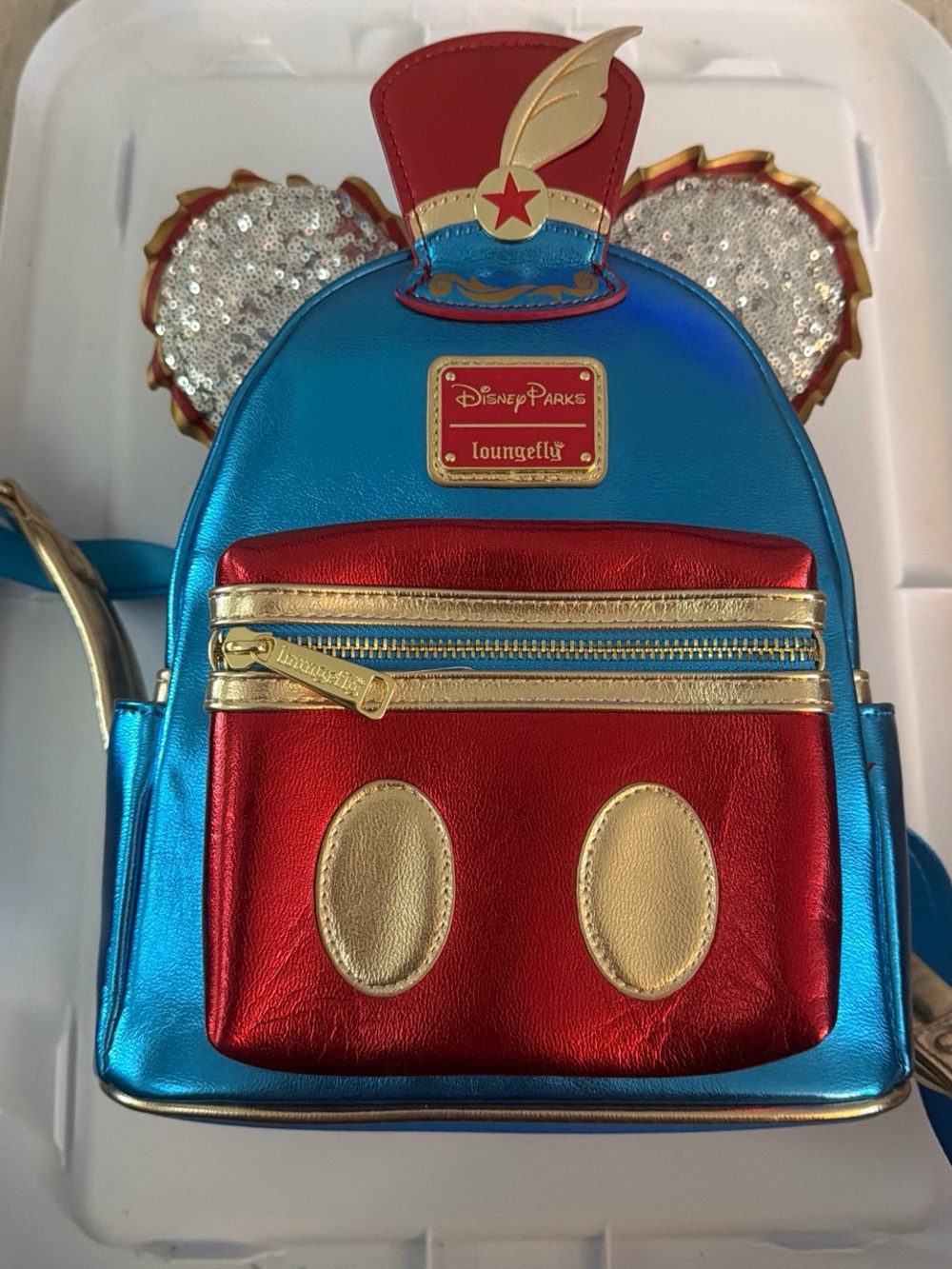 Loungefly Metallic Blue & Red Mickey Ear Mini Backpack with Gold Accents